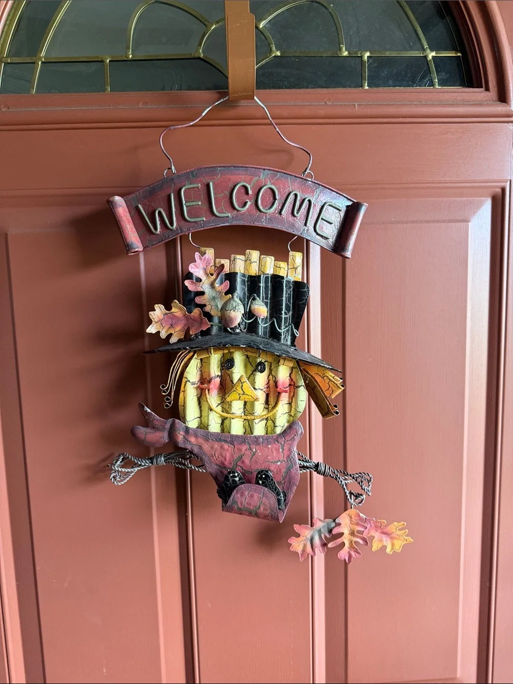 Rustic Metal Scarecrow Welcome Sign – Vintage Fall / Autumn Door Hanger
